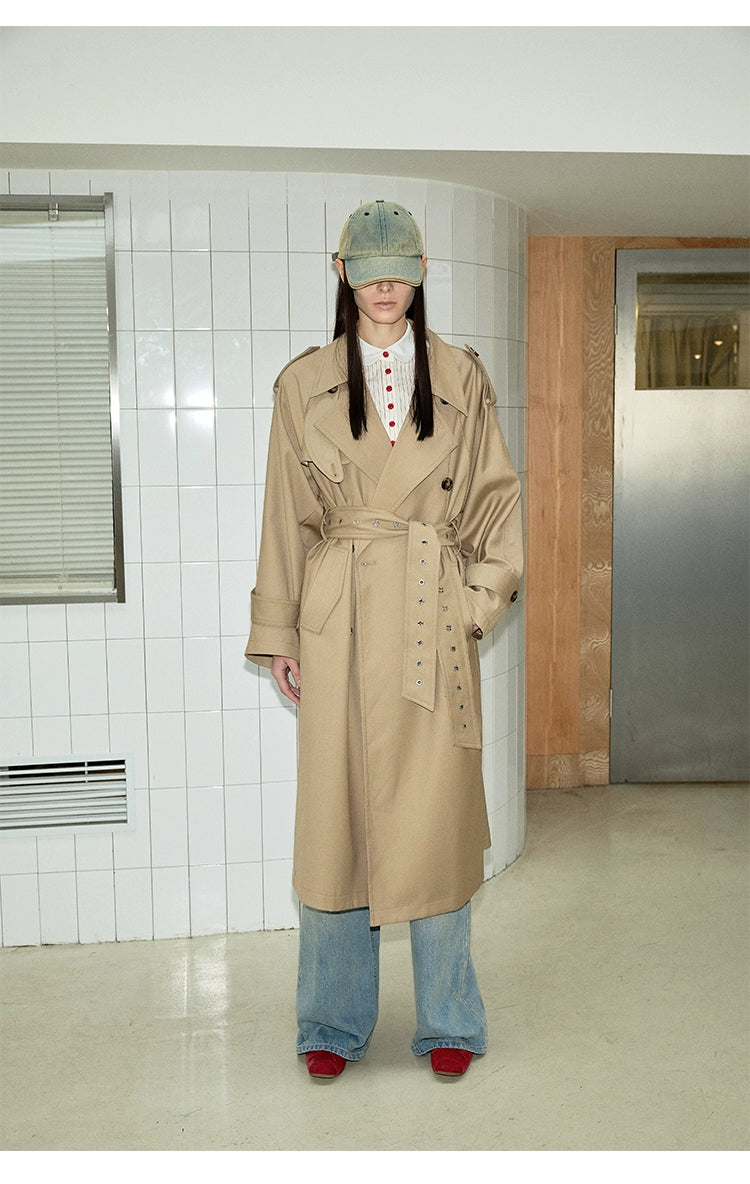 Khaki Double-Breasted Coat Bold Color Block Coat