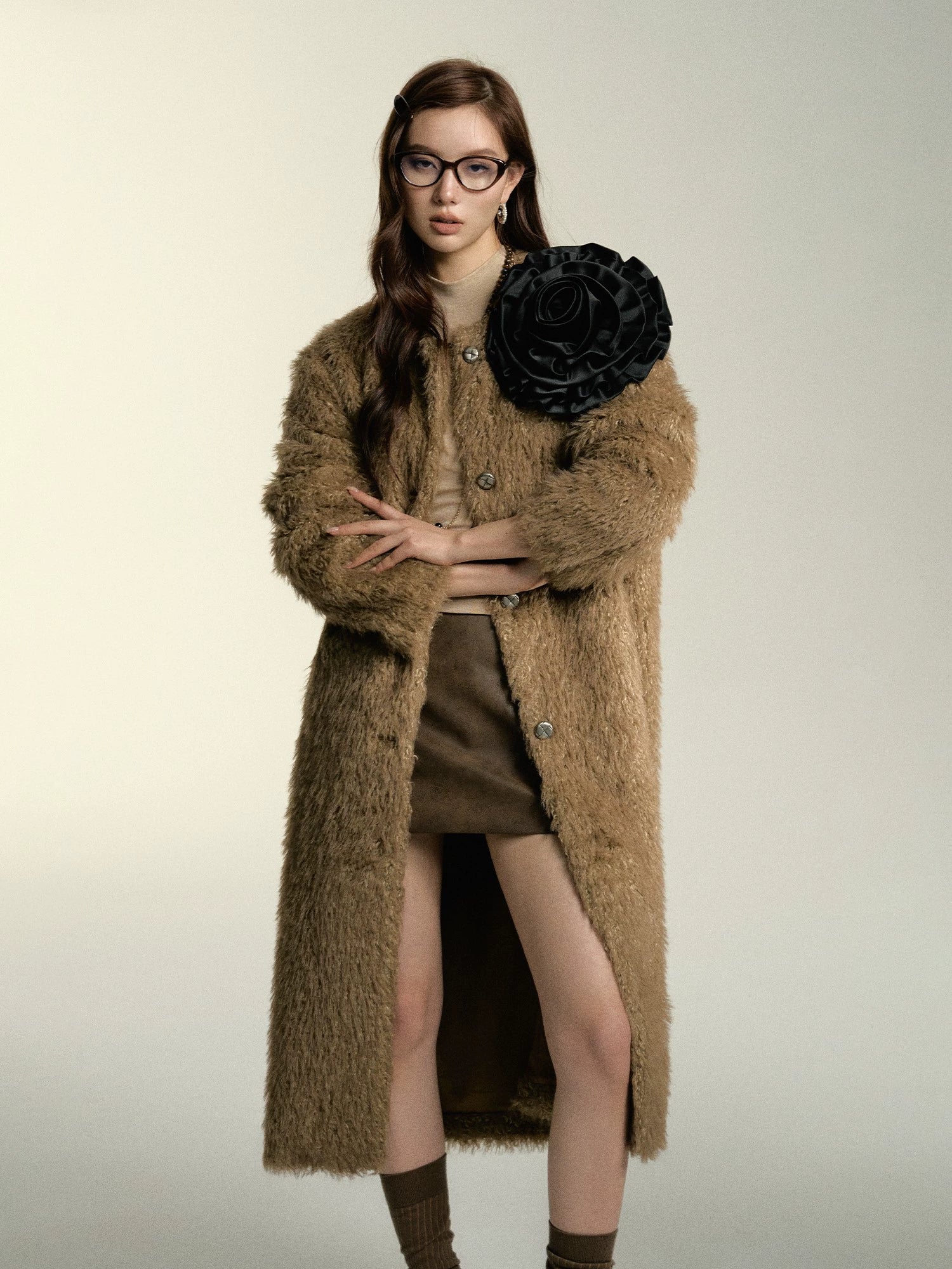 Khaki & Milk White Long Suede Fur Coat Luxury Cashmere Wrap