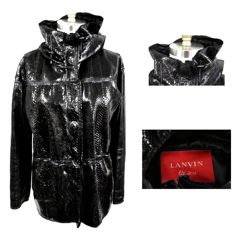 Vintage Lanvin Snakeskin Exotic Leather Hooded Parka Coat Womens S Fleece Lined Windbreaker