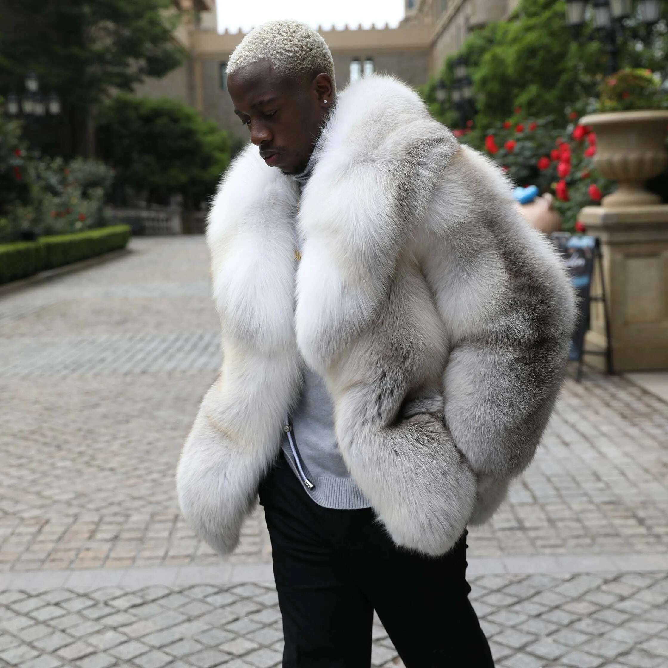 Men Clothes Golden Island White Special Fox Fur Coat Full Pelt Customized Size Available Fleece Lined Windbreaker