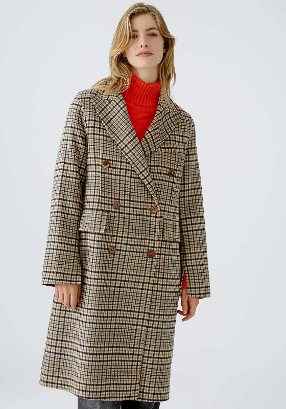 Oui Check Wool Blend Coat, Brown Casual Denim Jacket