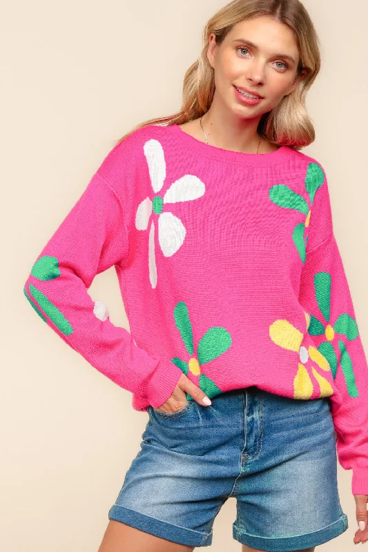 PLUS FLOWER PATTERN OVERSIZED PULLOVER SWEATER TOP Chunky Knit Pullover