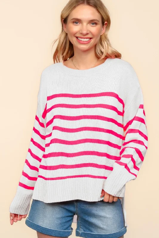 PLUS LOOSE FIT HIGH LOW PULLOVER STRIPE SWEATER Shawl Collar Sweater