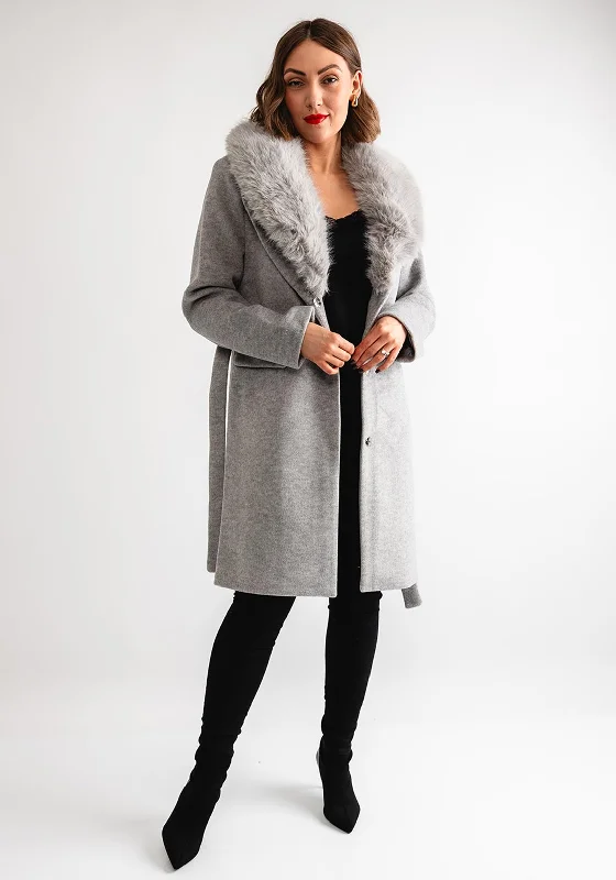 Rino & Pelle Meya Faux Fur Collar Coat, Grey Elegant Wool Jacket