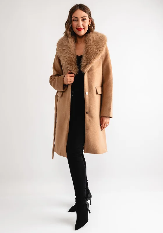 Rino & Pelle Meya Faux Fur Collar Coat, Camel Collared Pea Coat