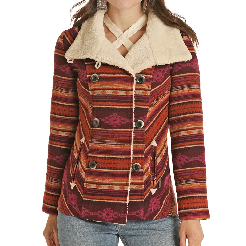 Ladies Serape Stripe Wool Coat Warm Hooded Poncho