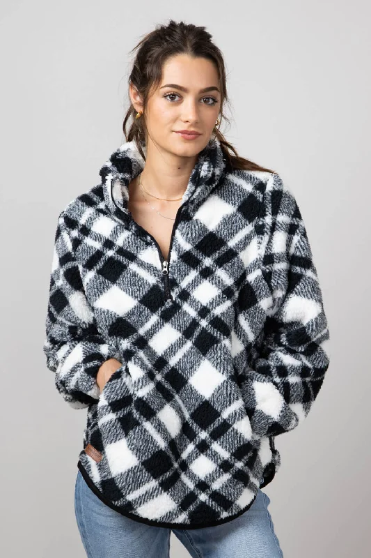 Simply Southern Quarter Zip Pullover for Women in White/Black Plaid | PP-0224-PULL-EVRYDY-PLDWHT Oblong Neck Pullover Simply Southern Quarter Zip Pullover for Women in White/Black Plaid | PP-0224-PULL-EVRYDY-PLDWHT Oblong Neck Pullover