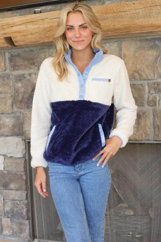 Simply Southern Simply Soft Pullover for Women in Navy Color Block | PP-0224-PULL-SMPSFT-NAVY Deep Neck Pullover Simply Southern Simply Soft Pullover for Women in Navy Color Block | PP-0224-PULL-SMPSFT-NAVY Deep Neck Pullover