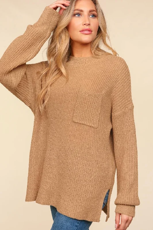 Taupe Mock Neck Oversized Pullover Sweater Knit Top Boat Neck Sweater