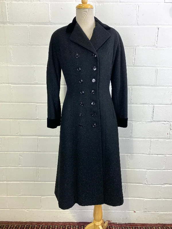 Vintage 1950s Black Wool Military-Style Double Breast Coat, XS-S Knit Longline Duster