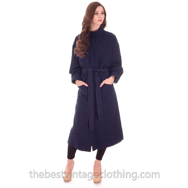 Vintage 1970s Vuokko Suomi Finland Blue Wool Coat Snap Front Mod S Belted Midi-Length Coat Vintage 1970s Vuokko Suomi Finland Blue Wool Coat Snap Front Mod S Belted Midi-Length Coat