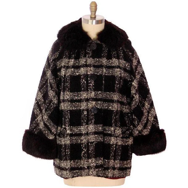 Vintage Car Coat Black & White Mohair Tweed Fur Collar 1950s up to 46" Bust Stylish Bomber Jacket