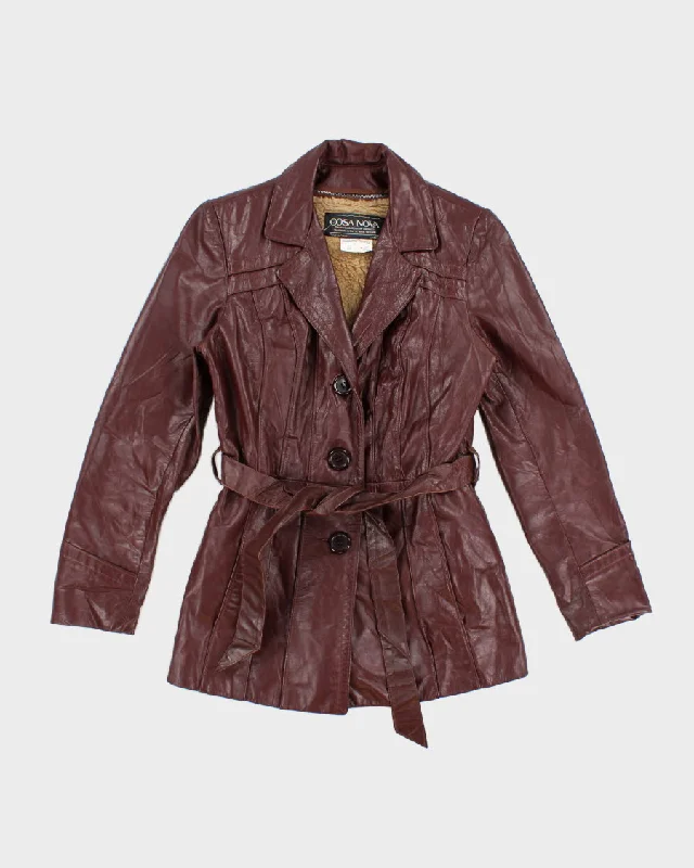 Vintage Cosa Nova Belted Sherpa Lined Burgundy Leather Coat - S Softshell Outdoor Jacket