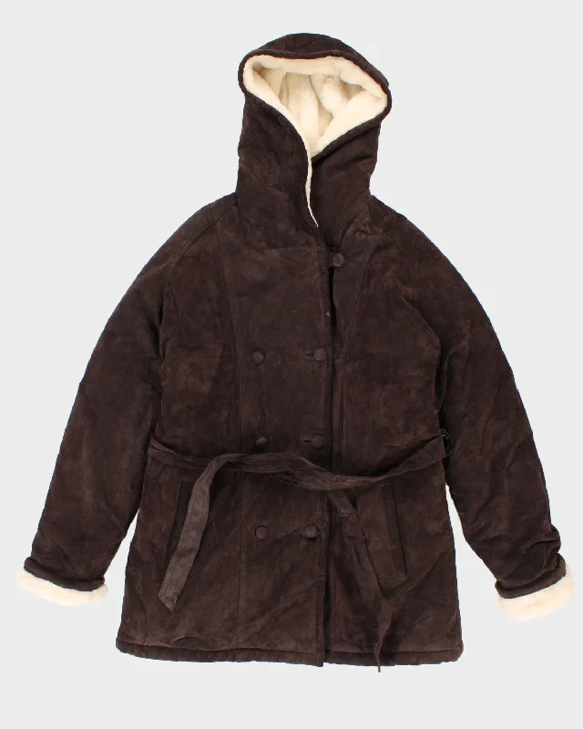 Vintage Mr Tony's Hooded Fleece Lined Brown Suede Coat - L Drape Front Waterfall Coat