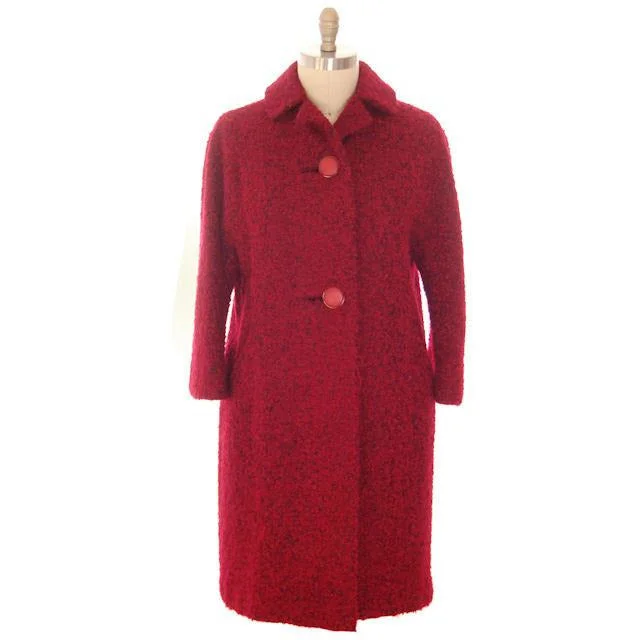 Vintage Mohair Boucle Sack Coat  Red/ Black 1950s Womens  Medium Waterproof Rain Jacket