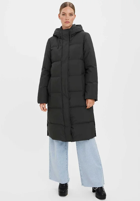 Vero Moda Erica Holly Long Puffer Coat, Black Hooded Parka Coat