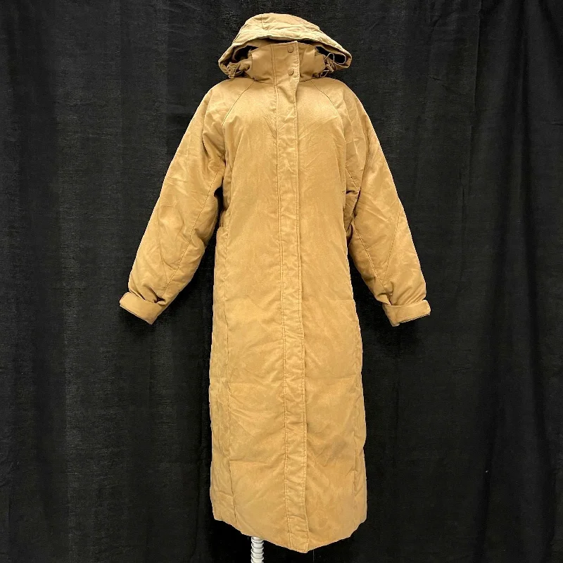 Wmns CABELA'S Tan Goose Down Filled Long Faux Suede Hooded Winter Coat Sz M Drape Front Waterfall Coat Wmns CABELA'S Tan Goose Down Filled Long Faux Suede Hooded Winter Coat Sz M Drape Front Waterfall Coat
