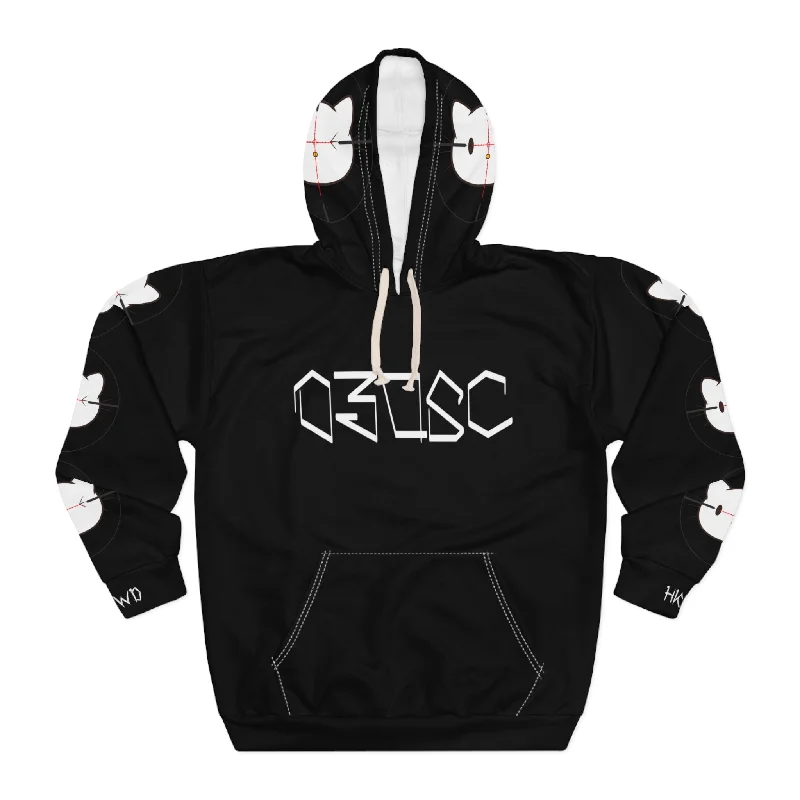 03osc Gir Pullover All Over Print Hoodie Black Scalloped Neck Pullover