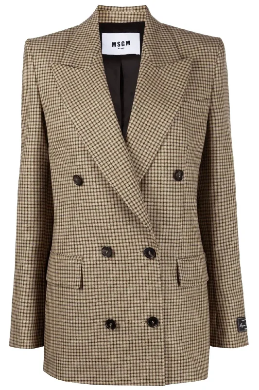 Check Motif Double-breasted Blazer  - Beige Women's Classic Blazer