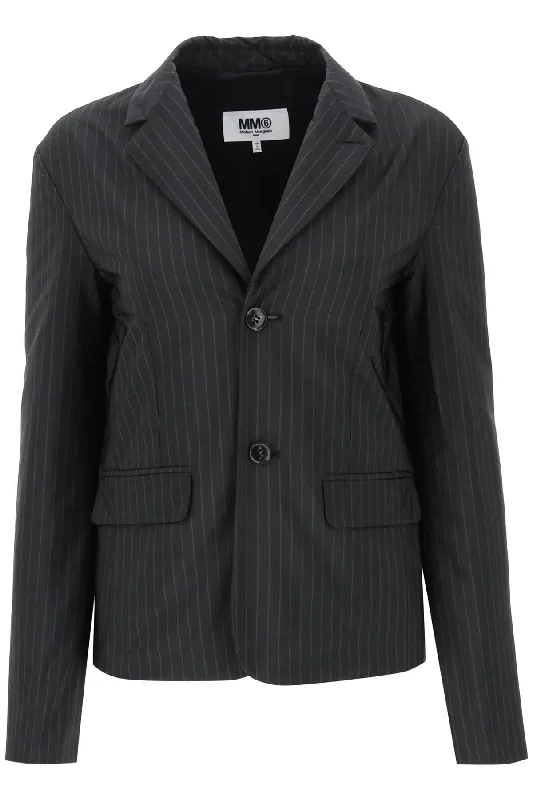 Padded Blazer With Pinstripe Motif  - Nero Women's Elegant Jacket