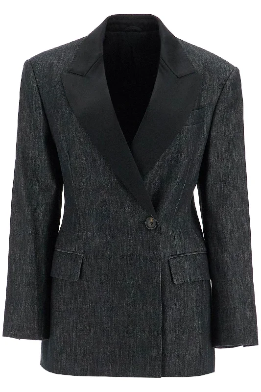 Denim Effect Twill Blazer  - Black Linen Women's Suit