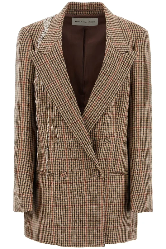 Blink Plaid Blazer With Crystal Chains  - Beige Women's Fashion Blazer
