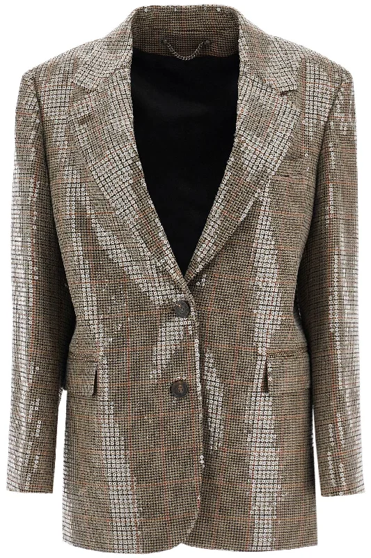 Houndstooth Blazer With Sequins  - Beige Women's Party Jacket