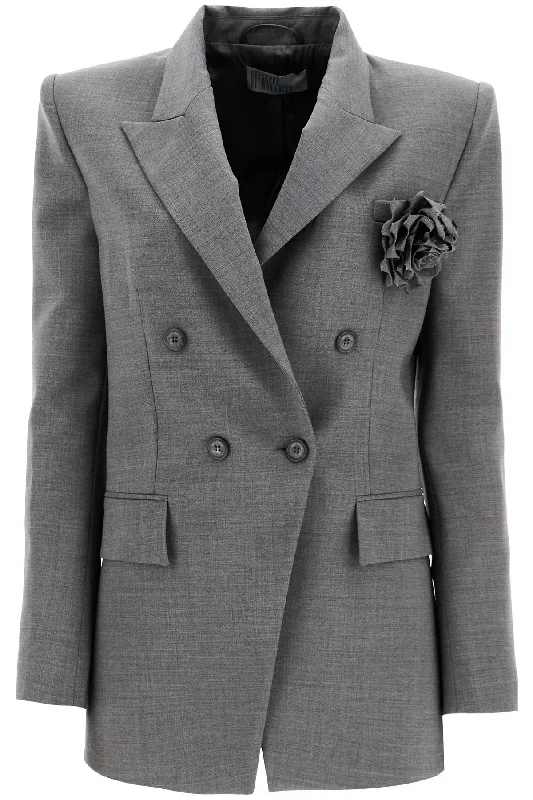 Double-breasted Wool Stretch Blazer  - Grey Women's Unique Blazer