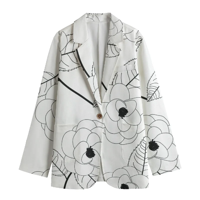All-Over Print Women's Leisure Blazer | 245GSM Cotton 154 white with flower print Women's High-End Blazer All-Over Print Women's Leisure Blazer | 245GSM Cotton 154 white with flower print Women's High-End Blazer