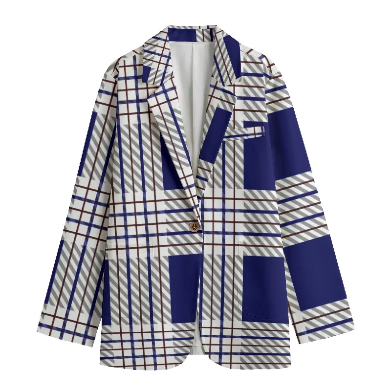 All-Over Print Women's Leisure Blazer | 245GSM Cotton 150 blue plaid print Women's Elegant Suit All-Over Print Women's Leisure Blazer | 245GSM Cotton 150 blue plaid print Women's Elegant Suit