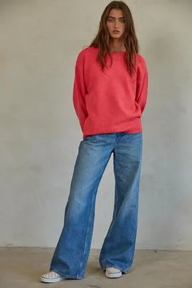 By Together Desiree Pullover Sweater Hot Pink Short Puff Sleeve