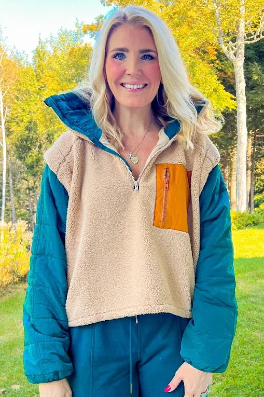 Cooler Temps Pullover - Beige/Teal Boxy Neck Sweater