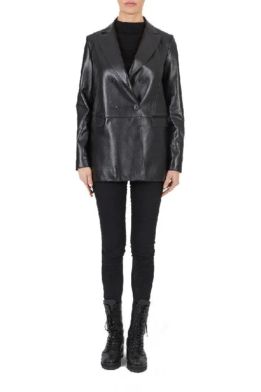 'Valerie' Black Double Breasted Leather Blazer Women's Handmade Blazer