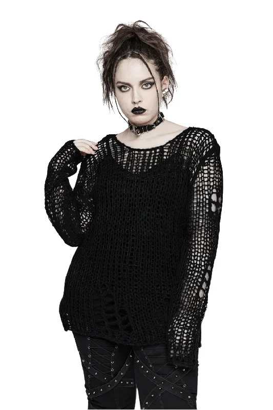 Distressed Mohair Pullover Sweater with Holes Open Neck Pullover