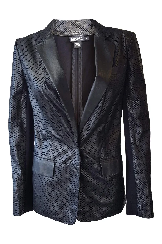 DKNY Black Lambskin Leather Perforated Blazer (4) Women's Trendy Jacket