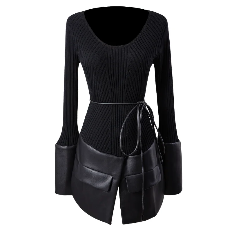 Fashion Women's Black O-neck Knitted Sweater / Pullover Sweaters with Leather and Lace Up Oversized Cozy Pullover Fashion Women's Black O-neck Knitted Sweater / Pullover Sweaters with Leather and Lace Up Oversized Cozy Pullover