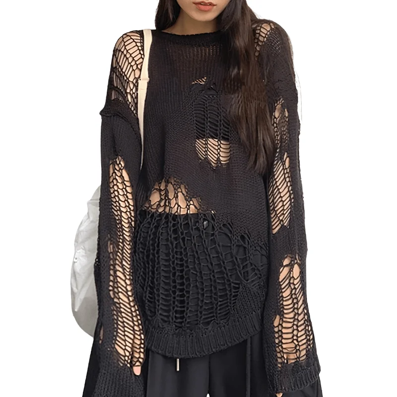 Gothic Hollow Out Oversized Knitted Sweater / Grunge Long Sleeves See-Through Pullovers Chunky Knit Pullover Gothic Hollow Out Oversized Knitted Sweater / Grunge Long Sleeves See-Through Pullovers Chunky Knit Pullover