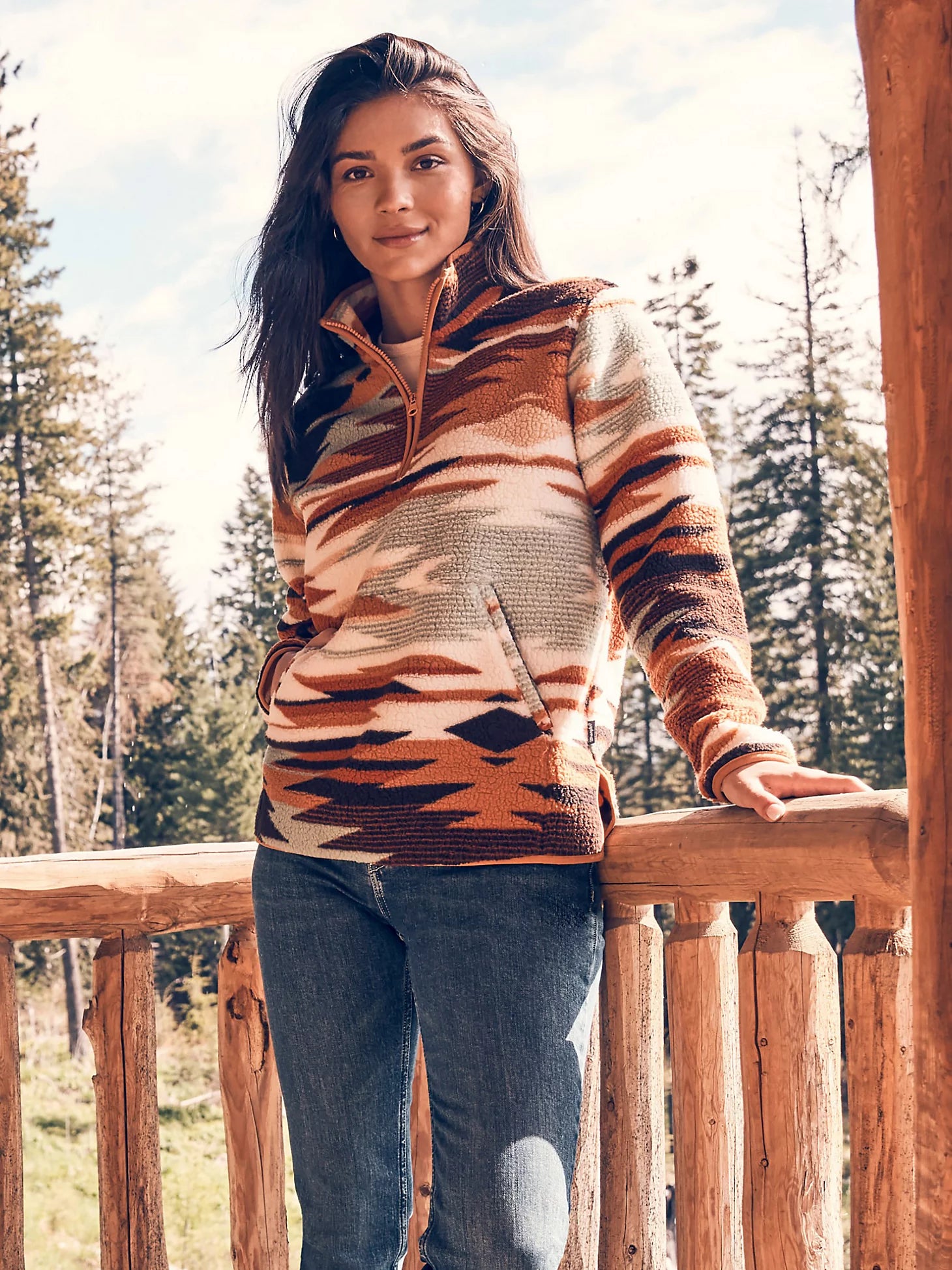 Ladies Wrangler Retro Quarter-Zip Sherpa Pullover in Desert Hues - 112352999 Deep Neck Pullover