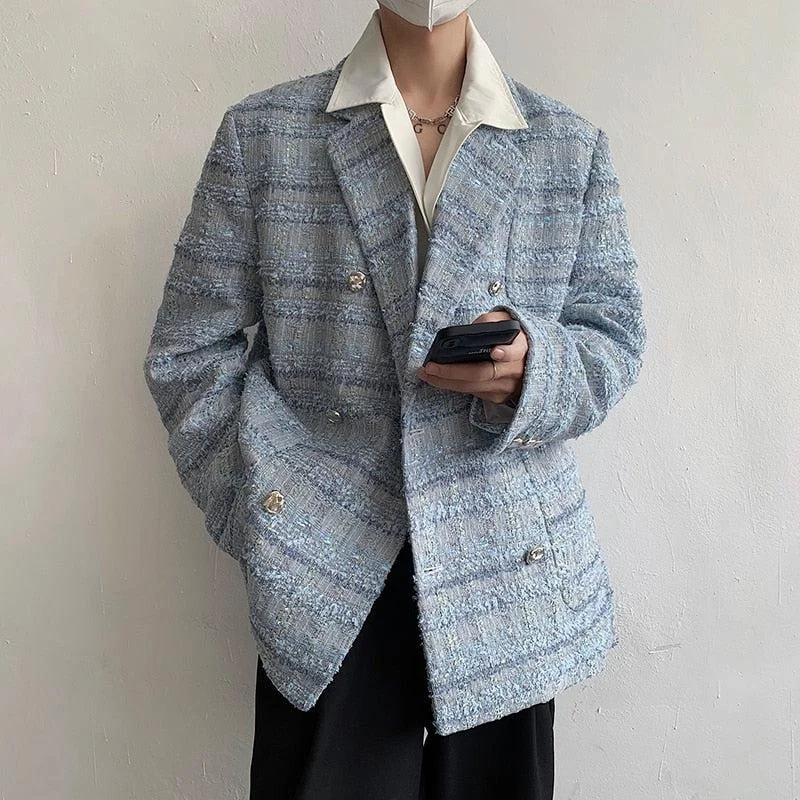 Lapel Collar Blue Tweed Blazer Women's Patchwork Suit