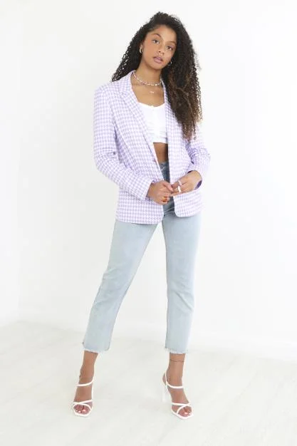LILAC HOUNDSTOOTH PRINT BUTTON THROUGH BLAZER Women's Luxurious Jacket