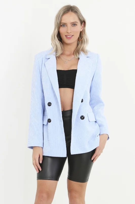 PALE BLUE CORDUROY DOUBLE BREASTED BUTTONED BLAZER Women's Premium Blazer