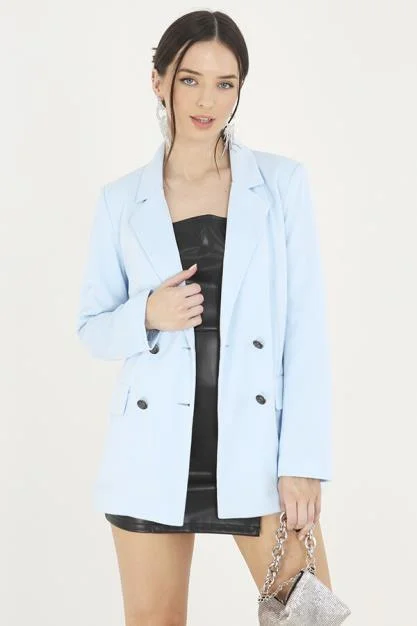PALE BLUE DOUBLE BREASTED MILITARY STYLE BLAZER Women's Luxurious Jacket