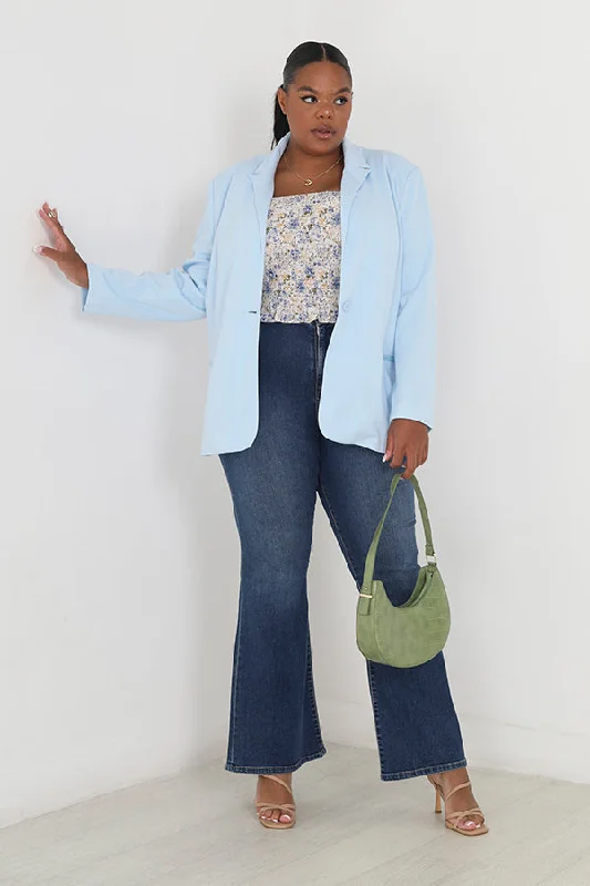 PLUS SIZE PALE BLUE PLAIN SINGLE BUTTON BLAZER Fashion Women's Blazer