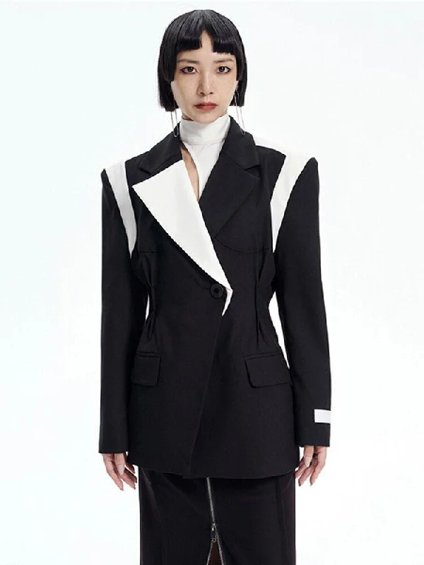Single Button Color Block Blazer Women's Trendy Blazer