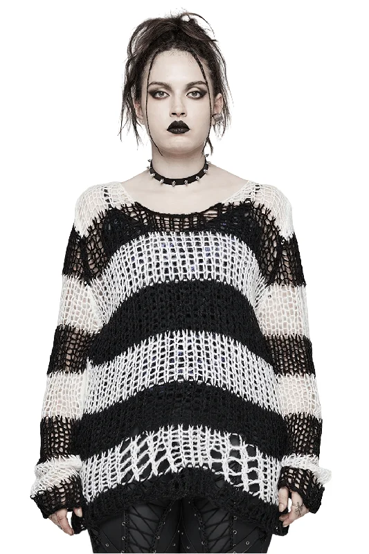 Stylish Mohair Striped Pullover with Irregular Holes Polo Neck Sweater