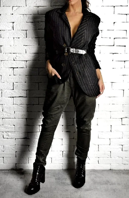 Suit Blazer - Black/Brown Pinstripe Women's Premium Blazer