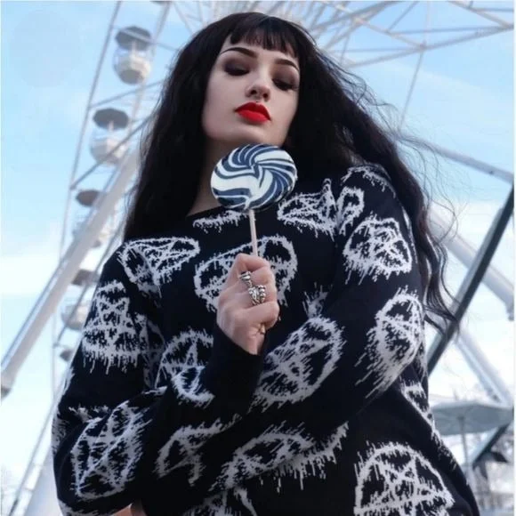 Black Pentagram Pullover Sweater | Unisex Sizing Relaxed Fit Shawl Collar Sweater