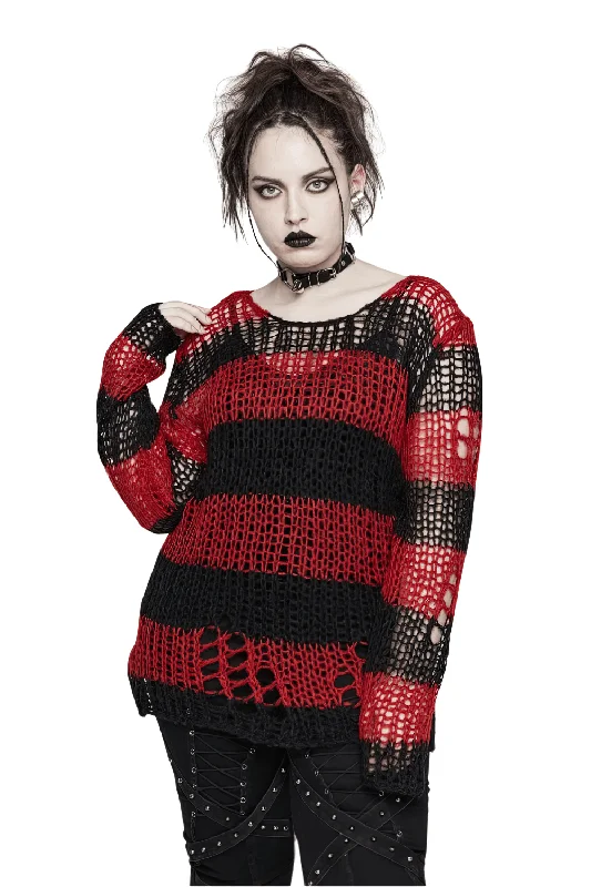 Women Gothic Striped Mohair Pullover Sweater Plunging Neck Pullover