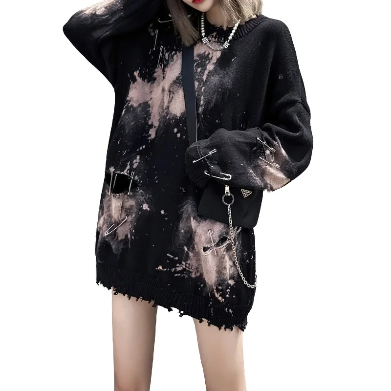 Women's Grunge Destroyed Graffiti Sweater / Ripped Design O-Neck Pullover / Knitted Streetwear Ribbed Crew Neck Women's Grunge Destroyed Graffiti Sweater / Ripped Design O-Neck Pullover / Knitted Streetwear Ribbed Crew Neck
