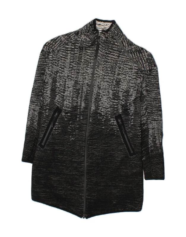 ADIDAS Womens Longline Cardigan Sweater UK 10 Small Grey Striped Patchwork Embroidered Appliqued ADIDAS Womens Longline Cardigan Sweater UK 10 Small Grey Striped Patchwork Embroidered Appliqued